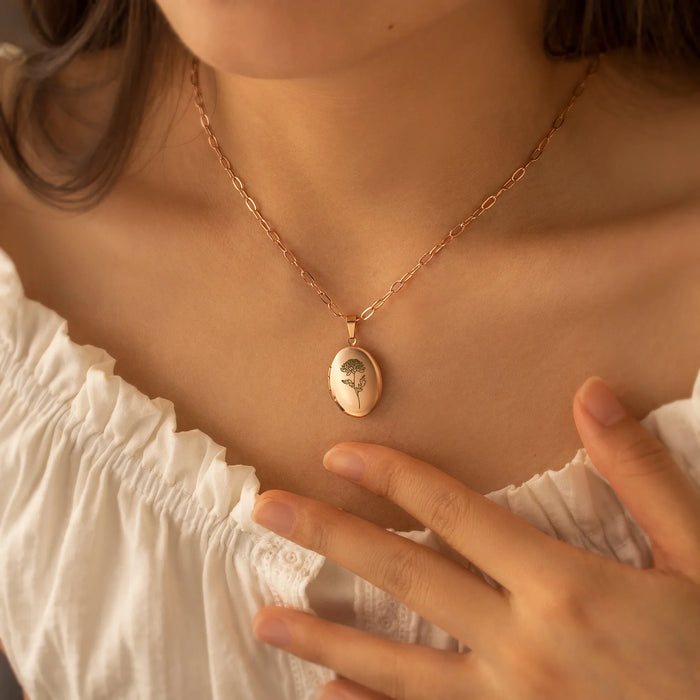 Oval Birth Flower Photo Locket Necklace-Jewelry-Anavia-Afterlife Essentials