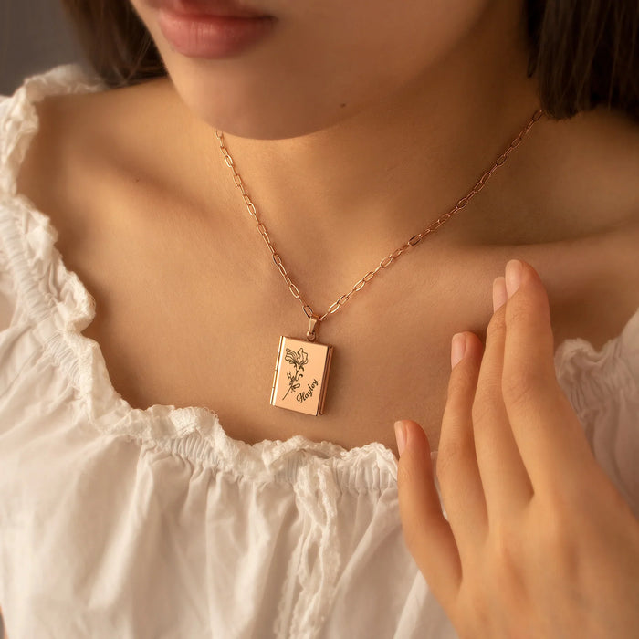 Square Birth Flower and Name Photo Locket Necklace-Jewelry-Anavia-Afterlife Essentials