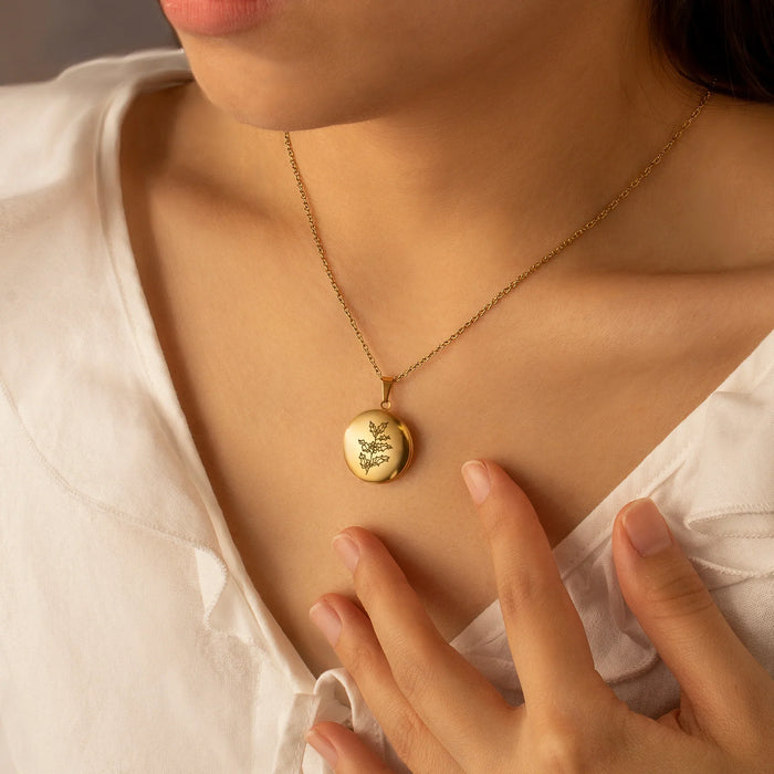 Round Birth Flower Photo Locket Necklace-Jewelry-Anavia-Afterlife Essentials