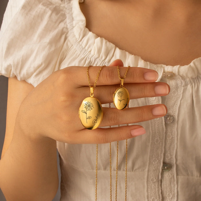 Oval Birth Flower and Name Photo Locket Necklace-Jewelry-Anavia-Afterlife Essentials