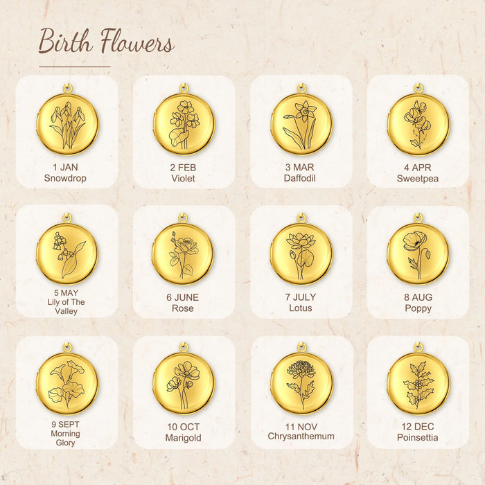 Round Birth Flower Photo Locket Necklace-Jewelry-Anavia-Afterlife Essentials