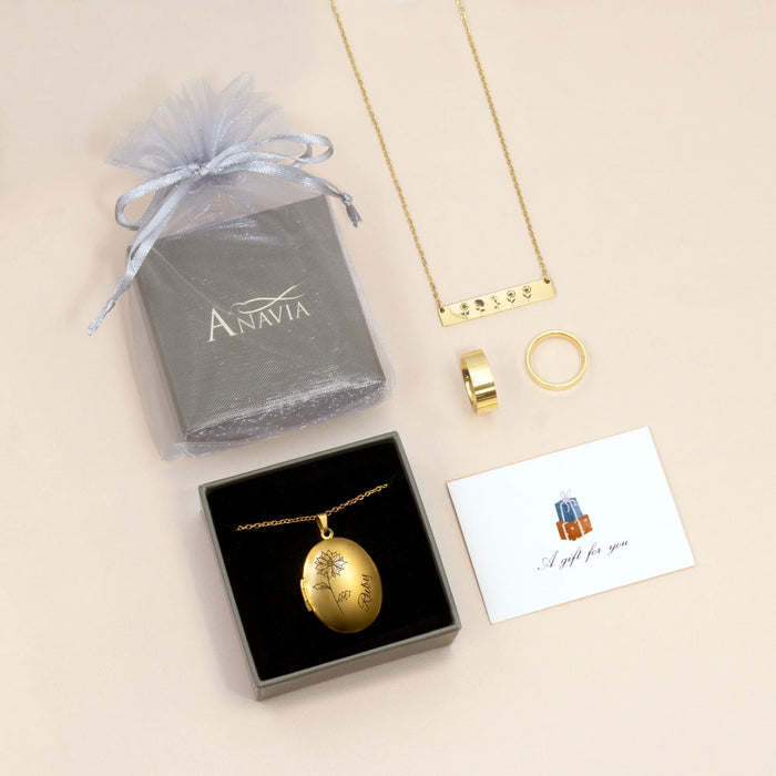 Oval Birth Flower and Name Photo Locket Necklace-Jewelry-Anavia-Afterlife Essentials
