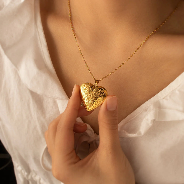 Symmetrical Floral Pattern Photo Heart Locket-Jewelry-Anavia-Afterlife Essentials