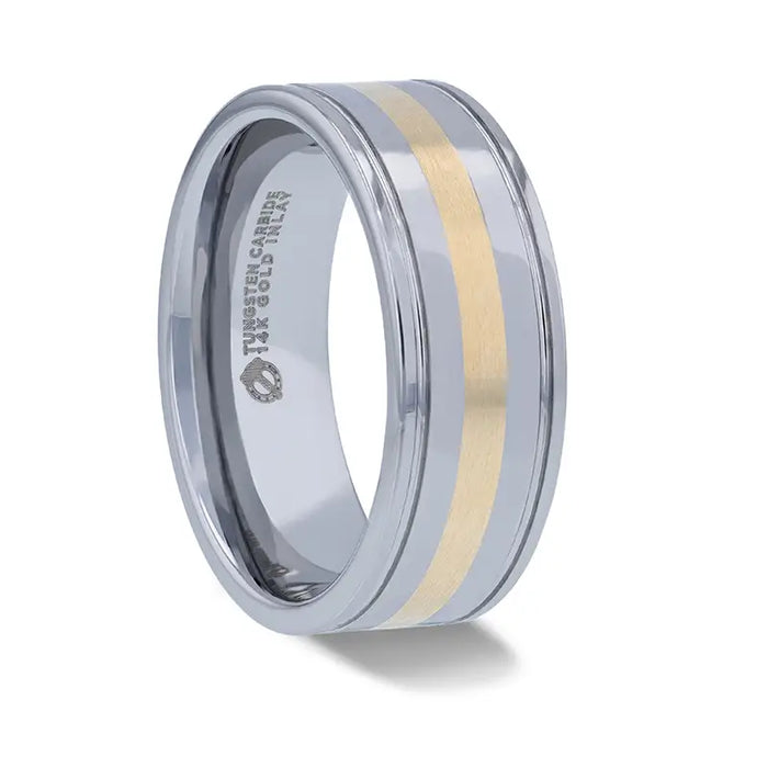 LAZIO 14k Gold Inlay with Grooved Edges Tungsten Polished Wedding Band - 8mm