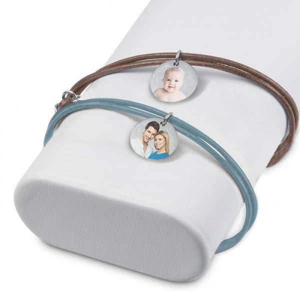 Sterling Silver Leather Rope Bracelet w/ Photo Engraved Charm Jewelry