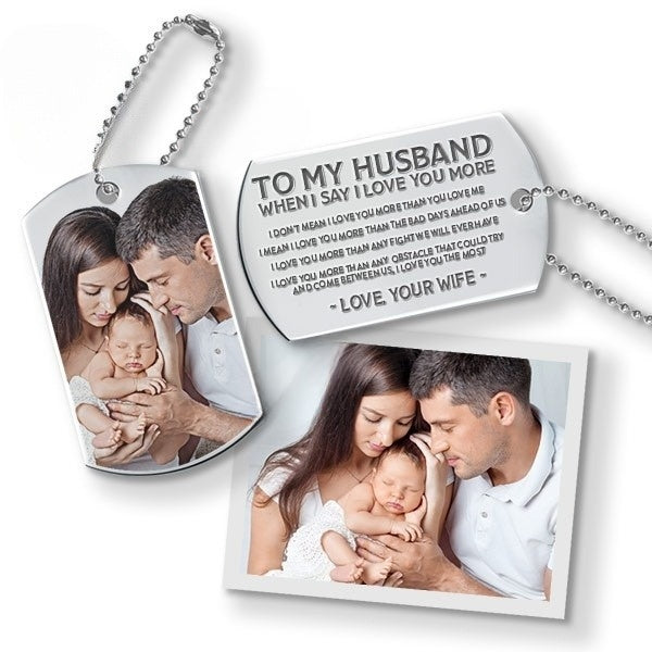 Stainless Steel ' To My Husband ' Double Sided Photo Dog Tag w/ Keychain Attachment Jewelry