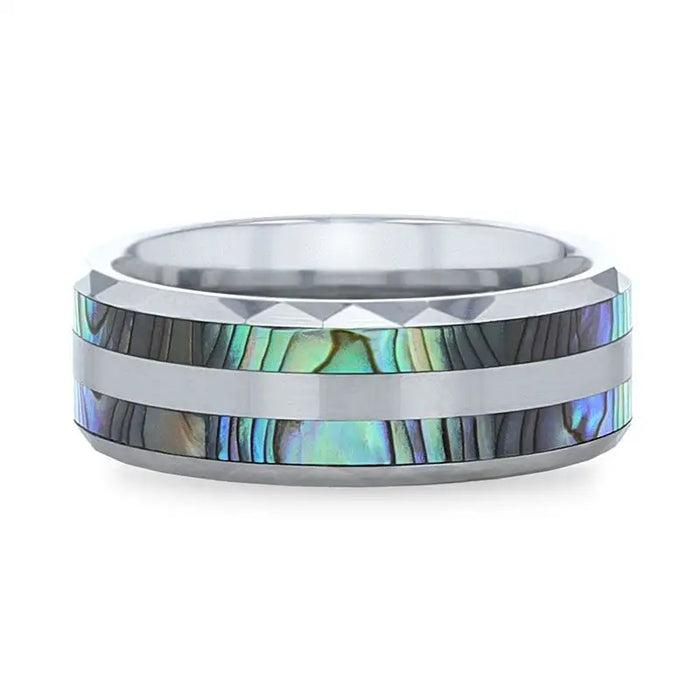 PAUA Double Abalone Shell Inlay Faceted Tungsten Ring With Beveled Polished Edges - 8mm