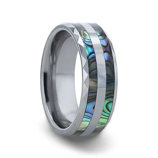 PAUA Double Abalone Shell Inlay Faceted Tungsten Ring With Beveled Polished Edges - 8mm