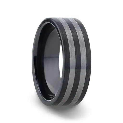 BETA Ceramic Ring with Tungsten Inlay With Flat Brushed Edges - 8 mm