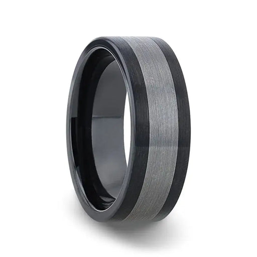 ENDAST Ceramic Inlay Black Tungsten Wedding Band With Flat Brushed Edges - 8mm