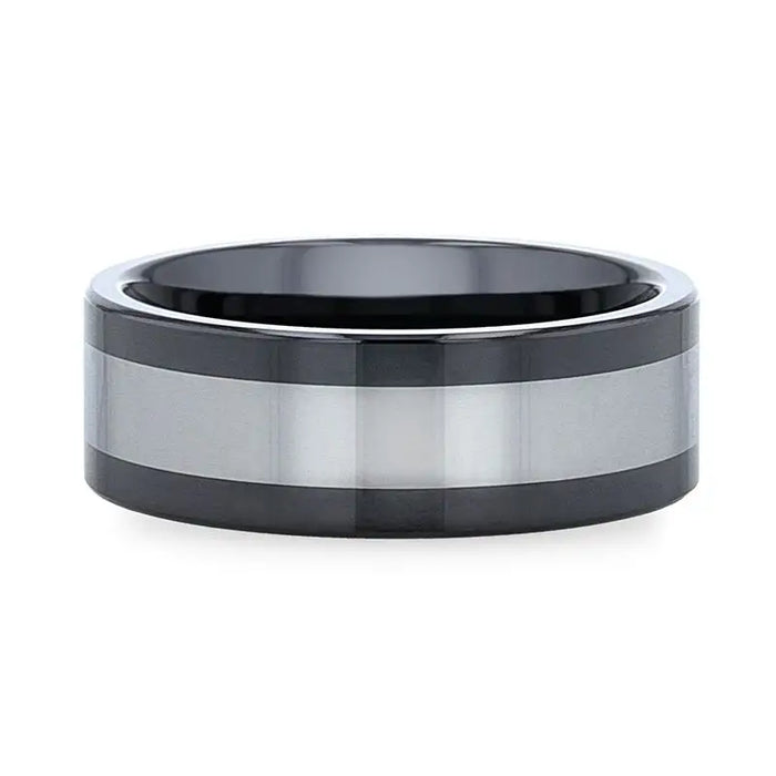HUSKEY Ceramic Ring with Tungsten Inlay Wedding Band With Flat Polished Edges - 8mm