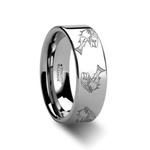 Trout fish Jumping Sea Print Pattern Ring Engraved Flat Tungsten Ring - 4mm - 12mm