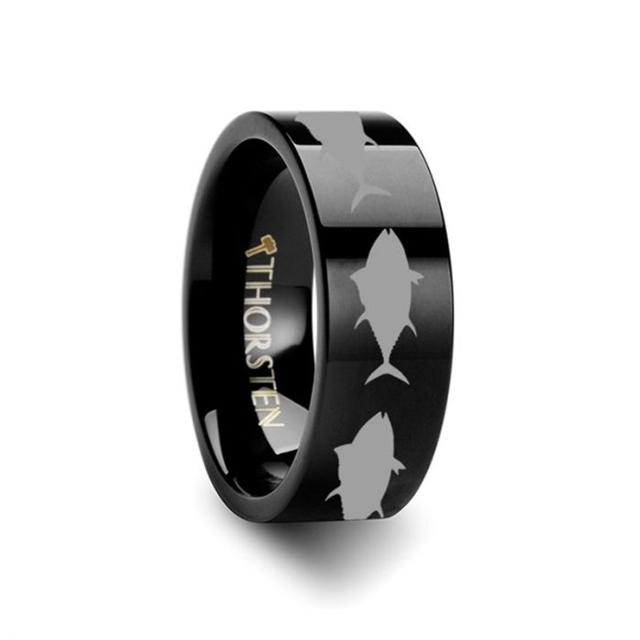 Tuna Fish Jumping Sea Print Pattern Ring Engraved Flat Black Tungsten Ring - 4mm - 12mm