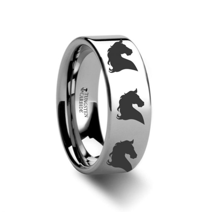 Animal Horse Head Print Ring Engraved Flat Tungsten Ring - 4mm - 12mm