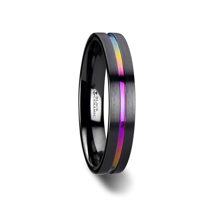 AZURE Flat Black Ceramic Ring Brushed with Rainbow Groove - 4mm - 8mm