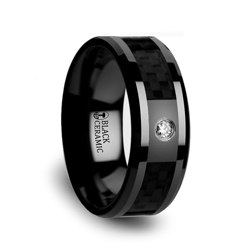 ANGUS Black Ceramic Diamond Wedding Band with Black Carbon Fiber Inlay- 8mm