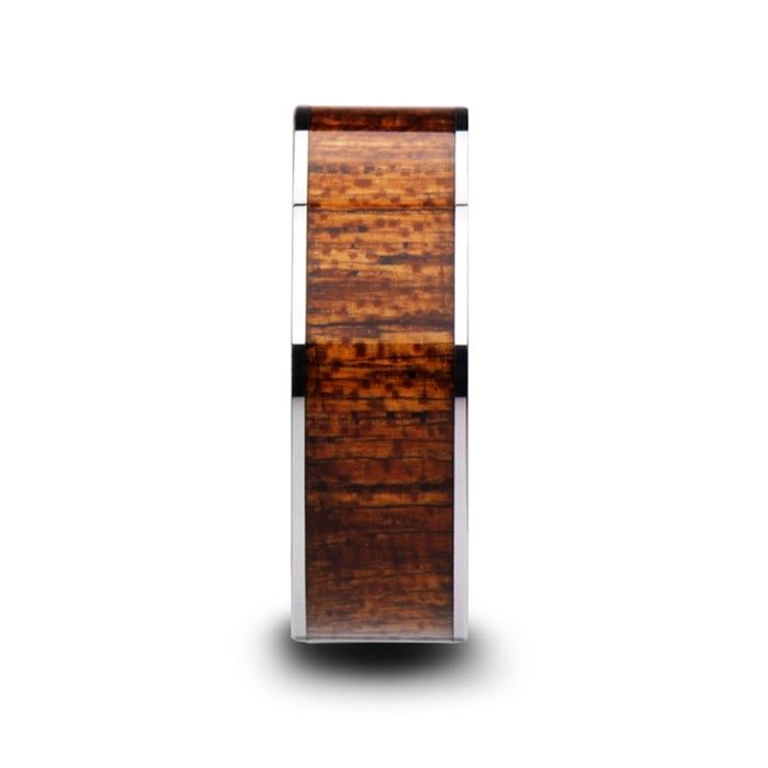 BOLO Flat Tungsten Carbide Band with Exotic Mahogany Hard Wood Inlay and Polished Edges - 8mm