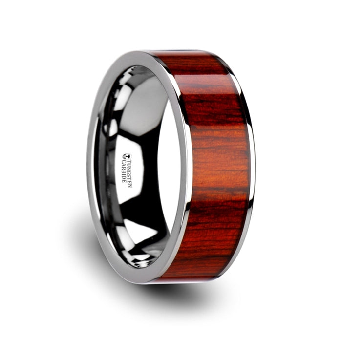 CLAYMORE Flat Tungsten Carbide Band with Exotic Padauk Wood Inlay and Polished Edges - 8mm