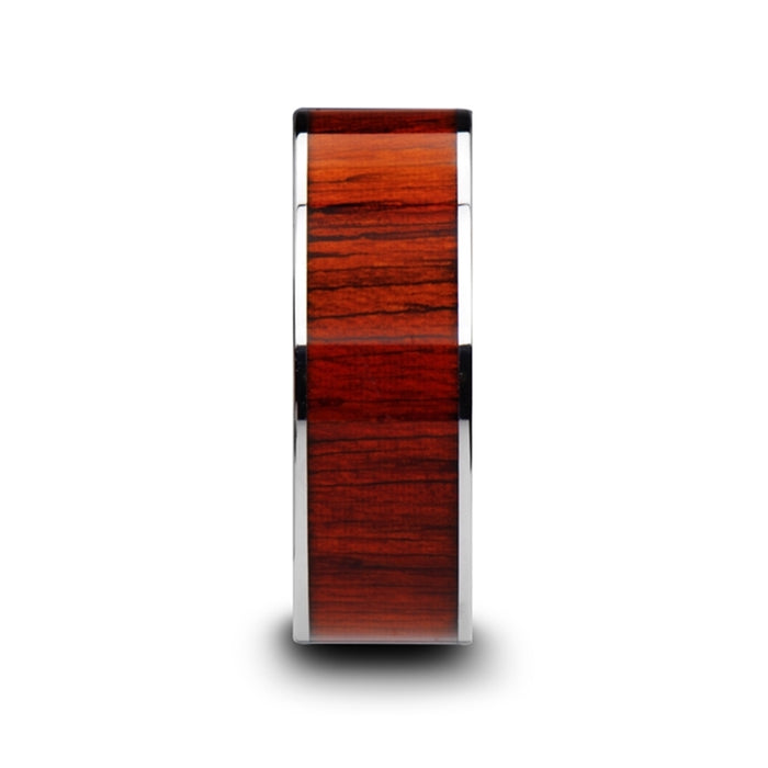 CLAYMORE Flat Tungsten Carbide Band with Exotic Padauk Wood Inlay and Polished Edges - 8mm