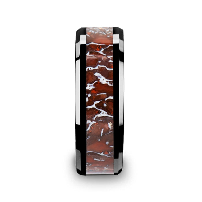 TRIASSIC Red Dinosaur Bone Inlaid Black Ceramic Beveled Edged Ring - 4mm & 8mm