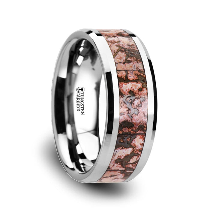 ARCHEAN Pink Dinosaur Bone Inlaid Tungsten Carbide Beveled Edged Ring - 4mm & 8mm