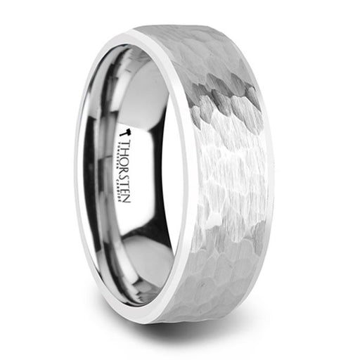 MARTEL White Tungsten Ring with Hammered Finish and Polished Bevels - 6mm & 10mm