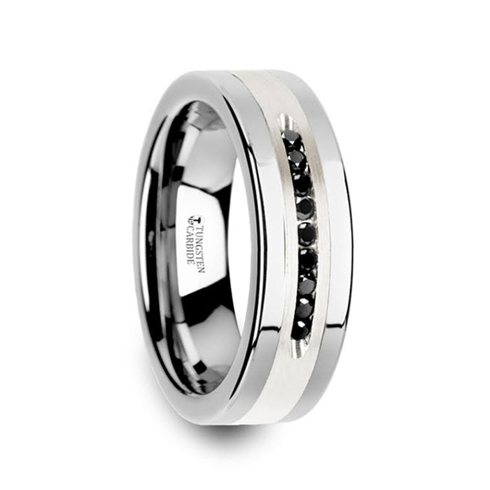 BLACKSTONE Flat Tungsten Wedding Band with Brushed Silver Inlay Center and 9 Channel Set Black Diamonds - 8mm