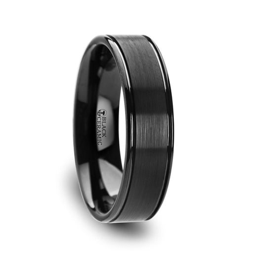 BLACKHEART Flat Brushed Finish Center Black Ceramic Wedding Band with Dual Offset Grooves and Polished Edges - 6mm & 8mm