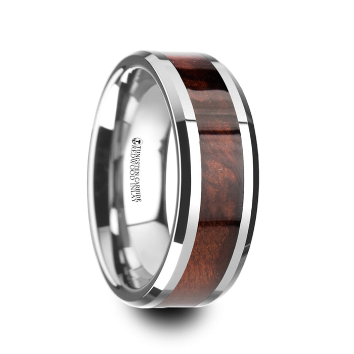 AUBURN Red Wood Inlaid Tungsten Carbide Ring with Bevels - 8mm