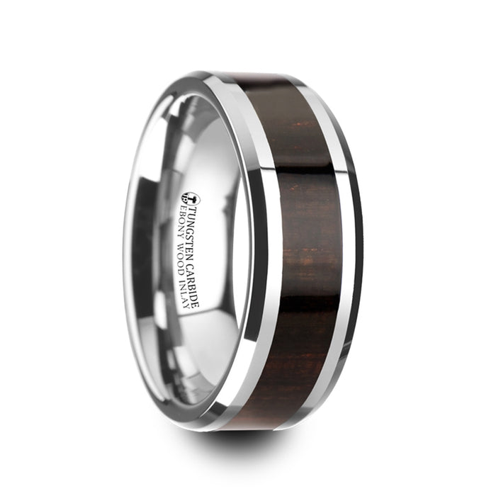 ARCANE Ebony Wood Inlaid Tungsten Carbide Ring with Bevels - 8mm
