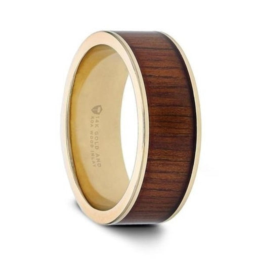 AURELIAN 14K Flat Pipe Cut Yellow Gold Ring Wedding Band with Rare Koa Wood Inlay and Polished Edges - 8mm