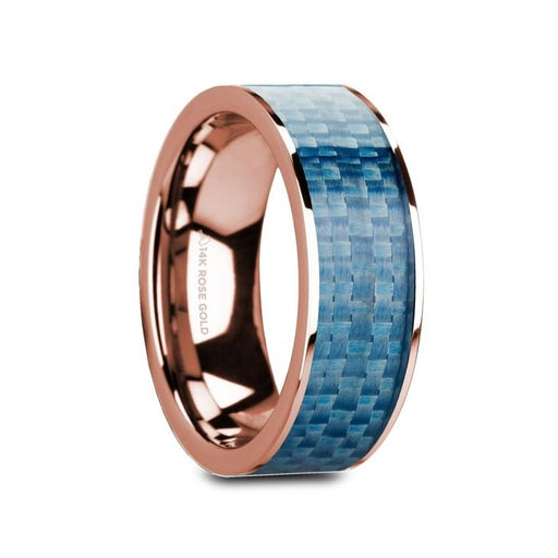 GANESH Flat 14K Rose Gold with Blue Carbon Fiber Inlay and Polished Edges - 8mm