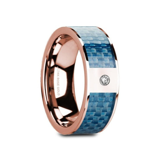 GARTH Flat 14K Rose Gold with Blue Carbon Fiber Inlay & White Diamond Setting - 8mm