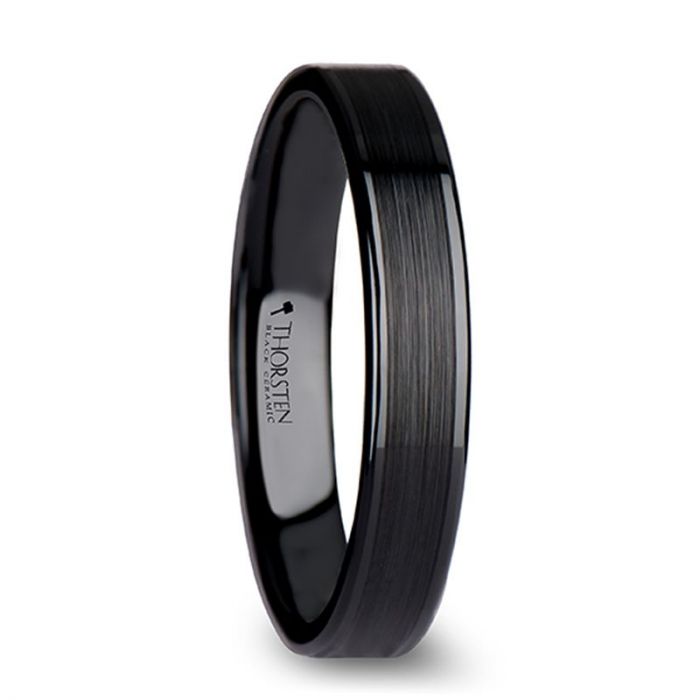 OLIVIA Womens' Flat Black Ceramic Ring with Brushed Center & Polished Edges - 4 mm