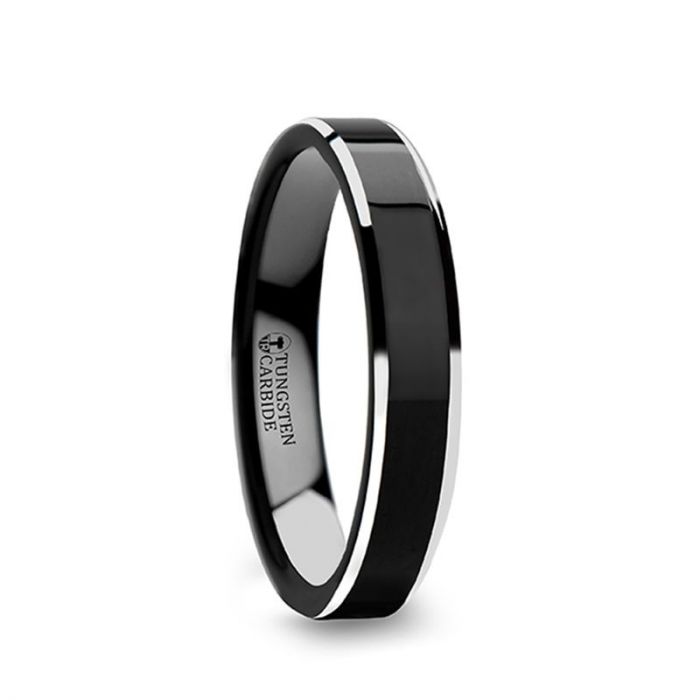 VALENCIA Women's Black Tungsten Ring with Polished Finish and White Tungsten Bevels - 4 mm