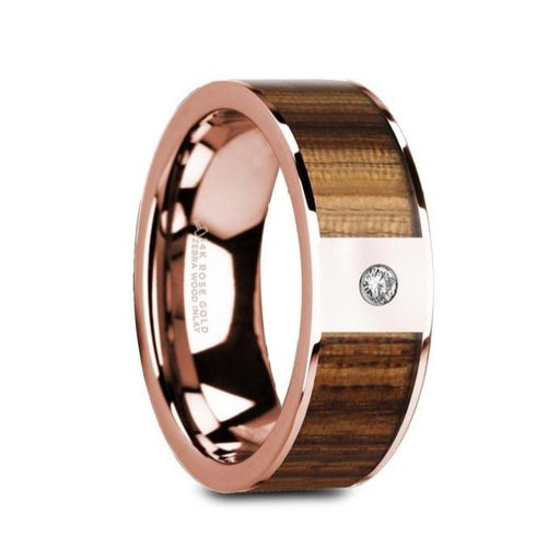 GLAUCUS Flat 14K Rose Gold with Zebra Wood Inlay & White Diamond Setting - 8mm