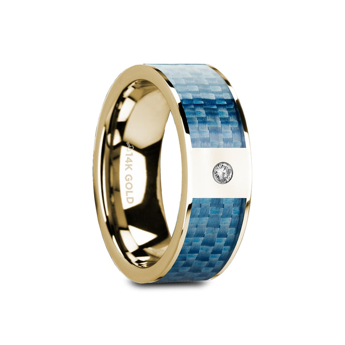 GILES Flat 14K Yellow Gold with Blue Carbon Fiber Inlay & White Diamond Setting - 8mm