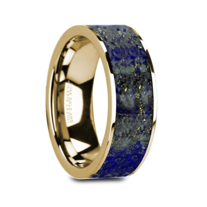 GELASIUS Flat 14K Yellow Gold with Blue Lapis Lazuli Inlay and Polished Edges - 8mm