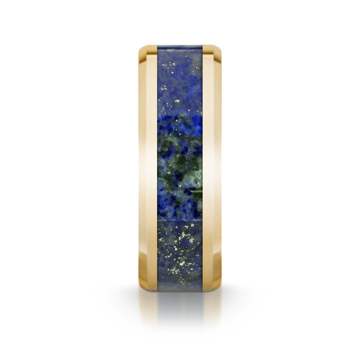 LAZARUS 14k Yellow Gold Polished Beveled Edges Men’s Wedding Ring with Blue Lapis Lazuli Inlay - 8mm