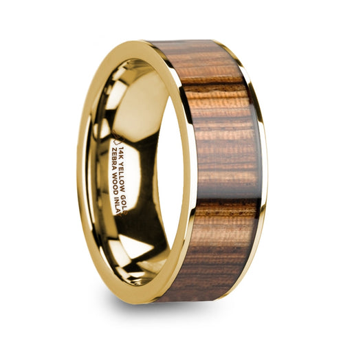 AEGIS 14K Yellow Gold Polished Wedding Band with Zebra Wood Inlay - 8mm