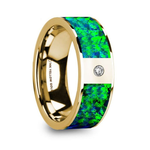 ALEXIS Flat Polished 14K Yellow Gold with Emerald Green and Sapphire Blue Opal Inlay & Diamond Setting - 8 mm