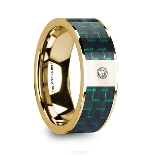 SAROS Black & Green Carbon Fiber Inlaid Polished 14k Yellow Gold Men’s Ring with Diamond - 8mm