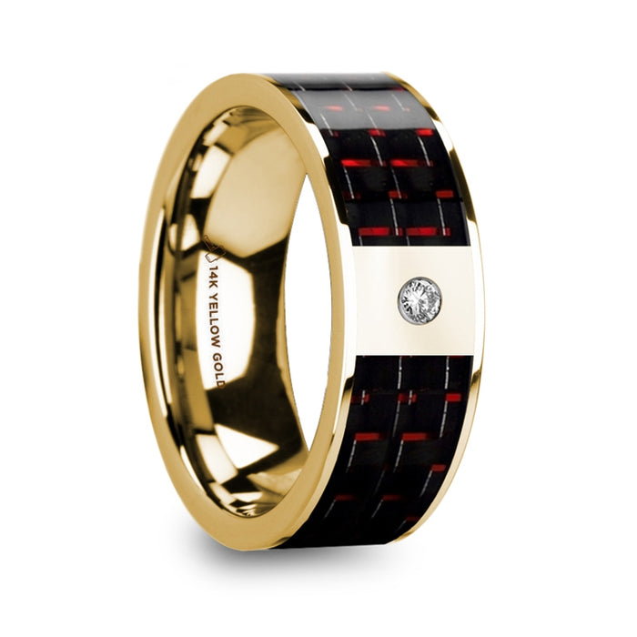 CHRISTOS Polished 14k Yellow Gold & Diamond Center Wedding Band with Black & Red Carbon Fiber Inlay - 8mm