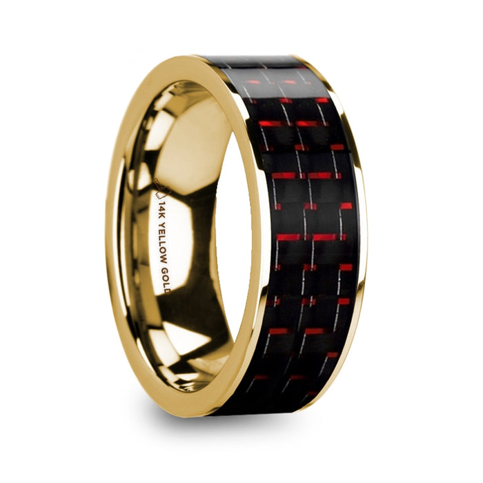 COSTA Black & Red Carbon Fiber Inlaid 14k Yellow Gold Wedding Band with Polished Finish - 8mm