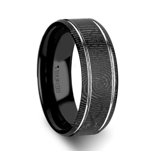 Fingerprint Engraved Flat Black Tungsten Ring with Brushed Finish & Polished Grooves - Nocturne - 6 mm - 8 mm