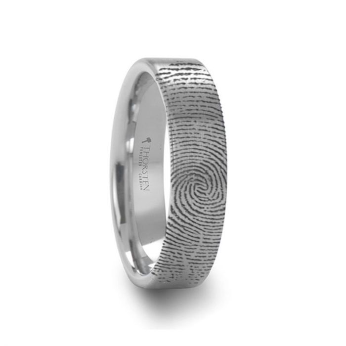 Fingerprint Engraved Flat Pipe Cut Tungsten Ring Brushed Ring - Mercury - 4mm - 8mm
