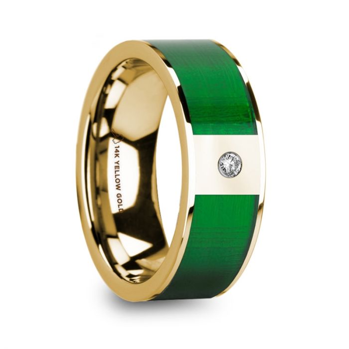 DINOS Polished 14k Yellow Gold & Textured Green Inlay Men’s Wedding Ring with Diamond - 8 mm