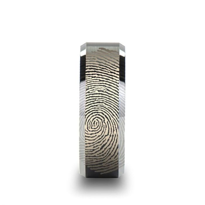 Fingerprint Engraved Flat Black Tungsten Ring with Brushed Finish with Polished Beveled Edges - Aston - 4mm - 10mm