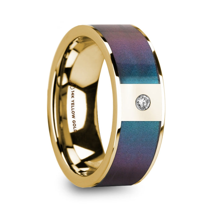 EUSEBIOS 14k Polished Yellow Gold Men’s Ring with Blue/Purple Color Changing Inlay & Diamond - 8mm