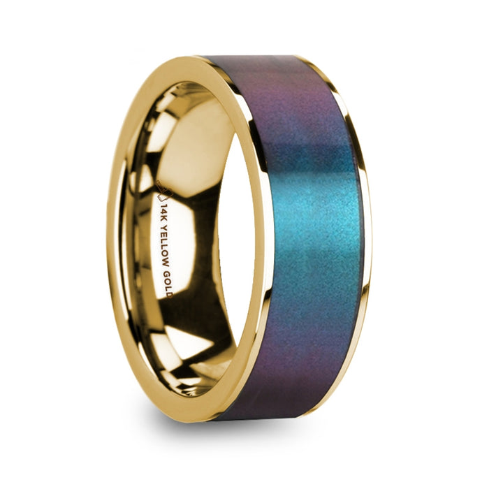 EUGEN Blue/Purple Color Changing Inlaid 14k Yellow Gold Men’s Polished Wedding Ring - 8mm